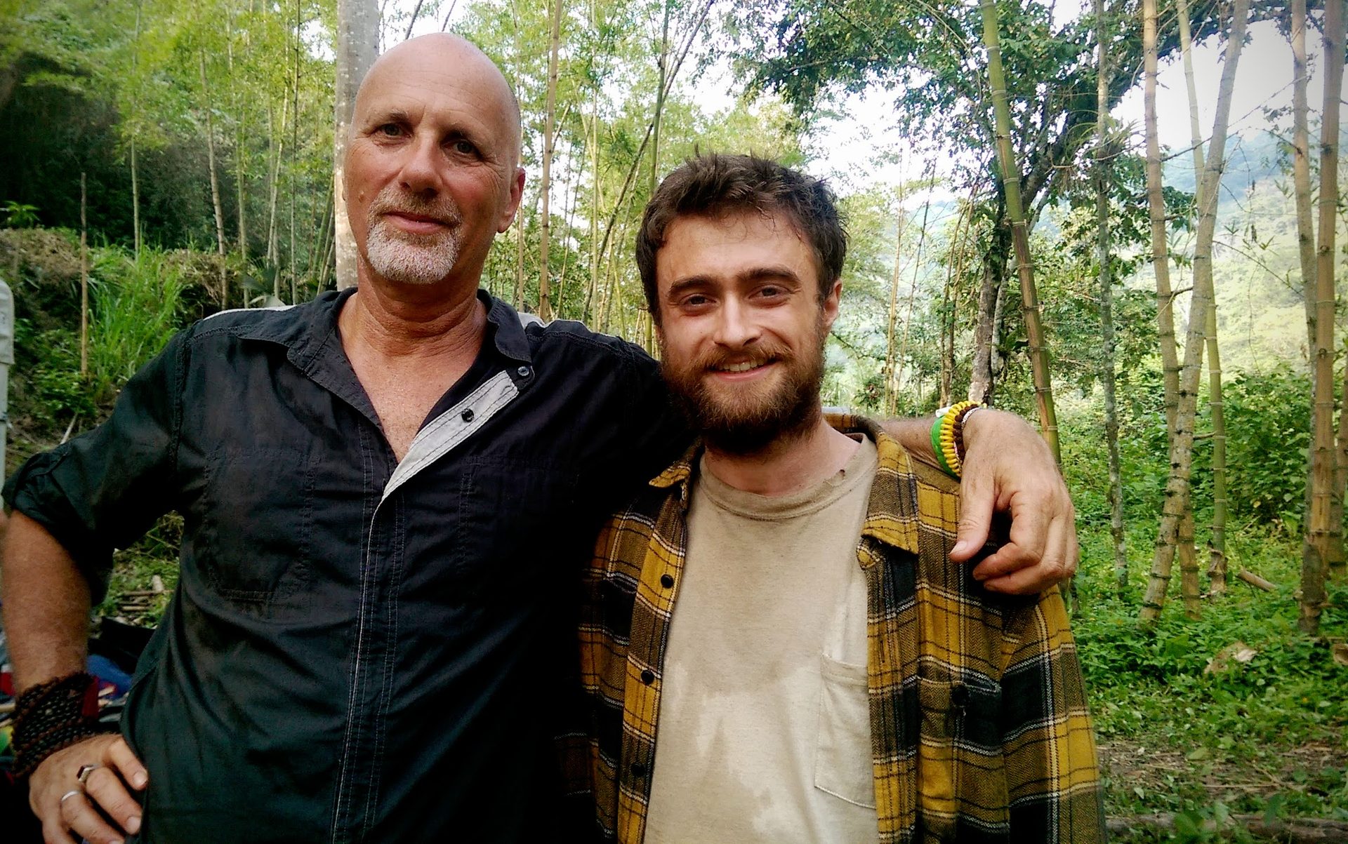 Yossi Ghinsberg with Daniel Radcliffe on the set of Jungle, 2016